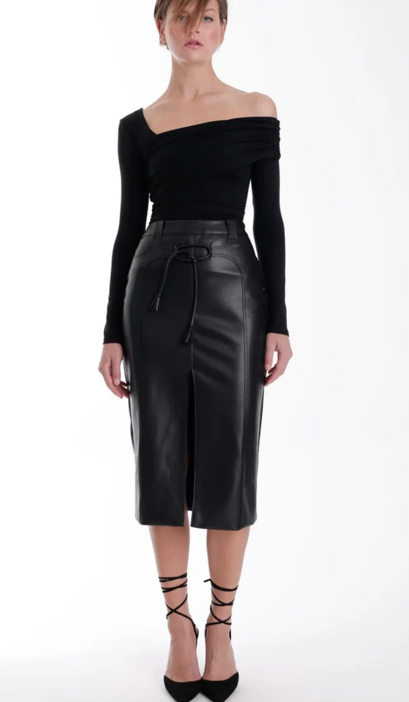 KARINA GRIMALDI MONA VEGAN LEATHER MIDI SKIRT