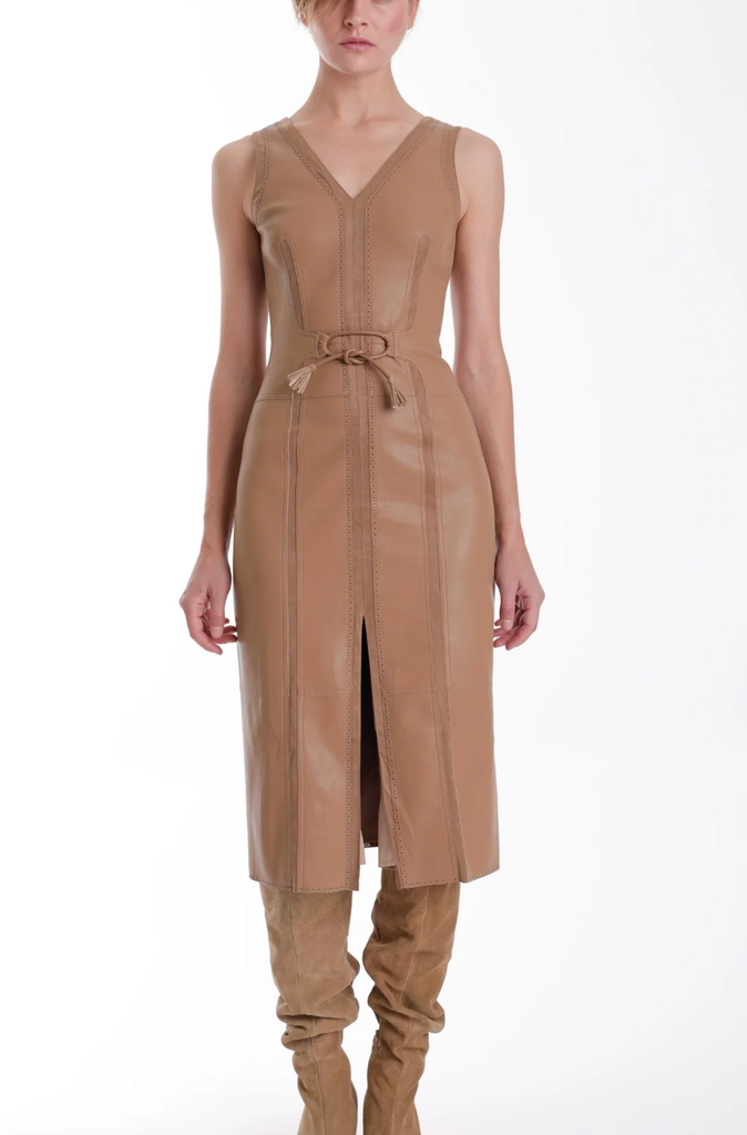 KARINA GRIMALDI MONA VEGAN LEATHER MIDI DRESS