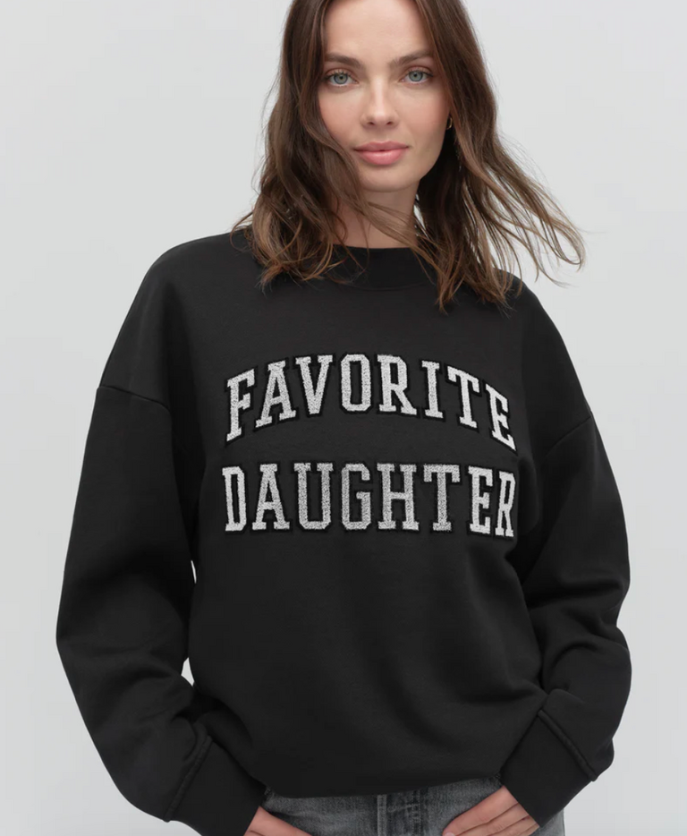 FAVORITE DAUGHTER THE COLLEGIATE EMBROIDERY SWEATSHIRT BLACK/VELVET WHITE