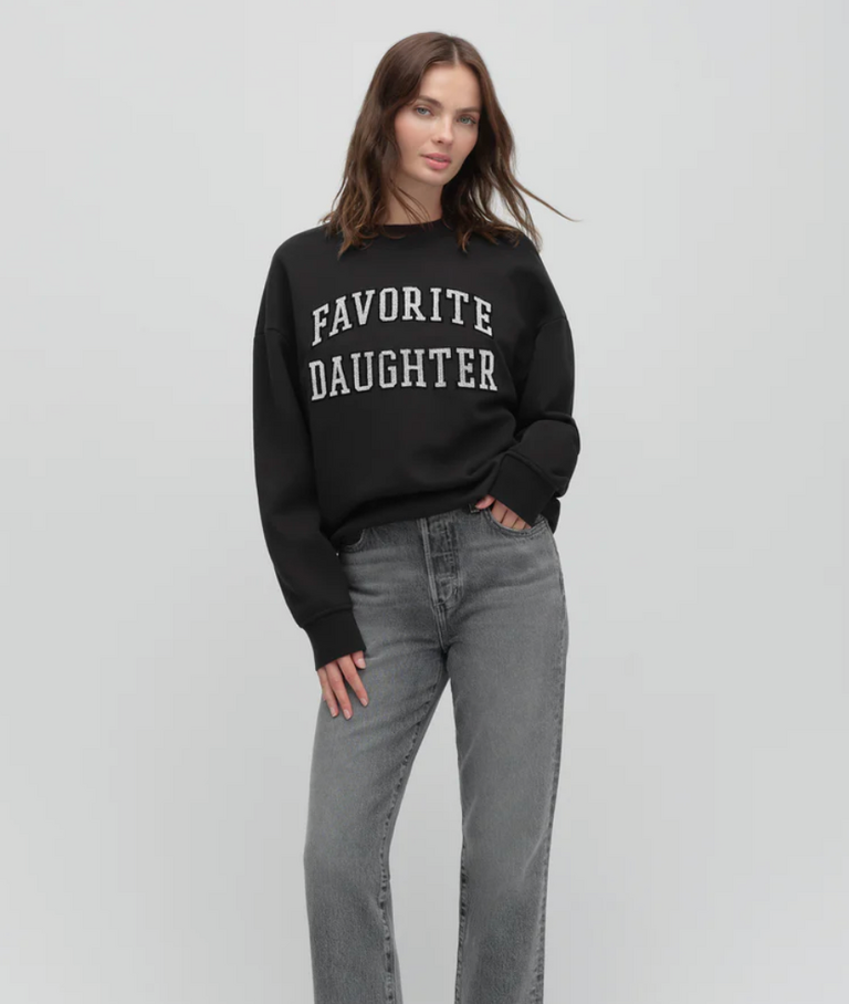 FAVORITE DAUGHTER THE COLLEGIATE EMBROIDERY SWEATSHIRT BLACK/VELVET WHITE