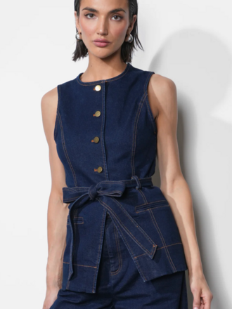CLARENCE BUTTON UP DENIM VEST W/ BELT