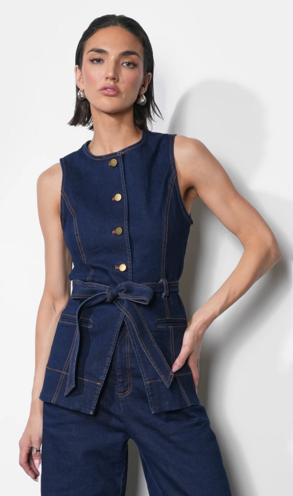 CLARENCE BUTTON UP DENIM VEST W/ BELT