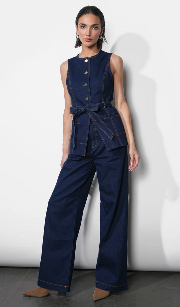CLARENCE BUTTON UP DENIM VEST W/ BELT