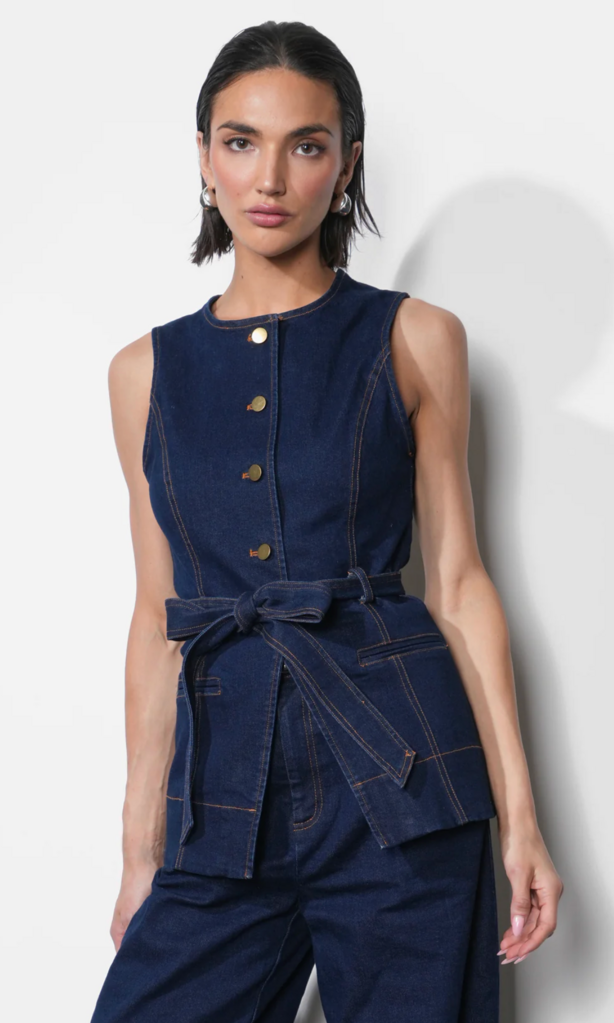 CLARENCE BUTTON UP DENIM VEST W/ BELT