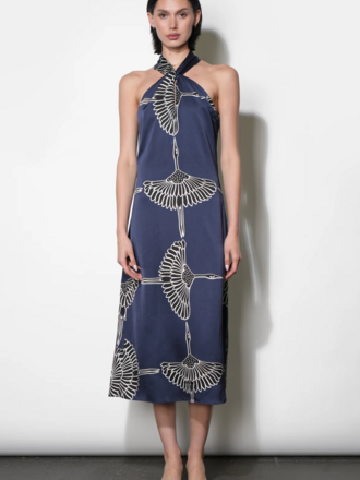 CECELIA HALTER RIBBON TIE SATIN MIDI DRESS