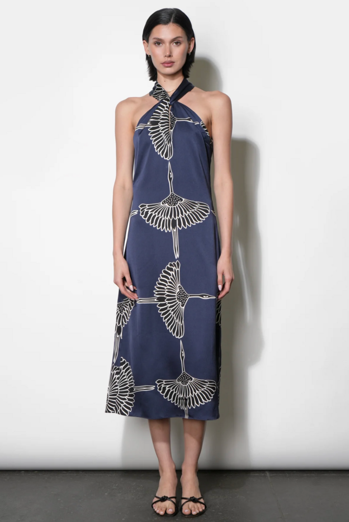 CECELIA HALTER RIBBON TIE SATIN MIDI DRESS