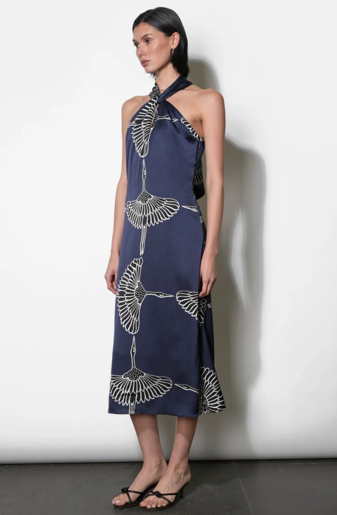 CECELIA HALTER RIBBON TIE SATIN MIDI DRESS