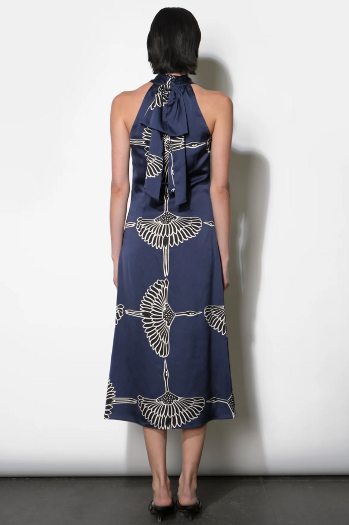 CECELIA HALTER RIBBON TIE SATIN MIDI DRESS