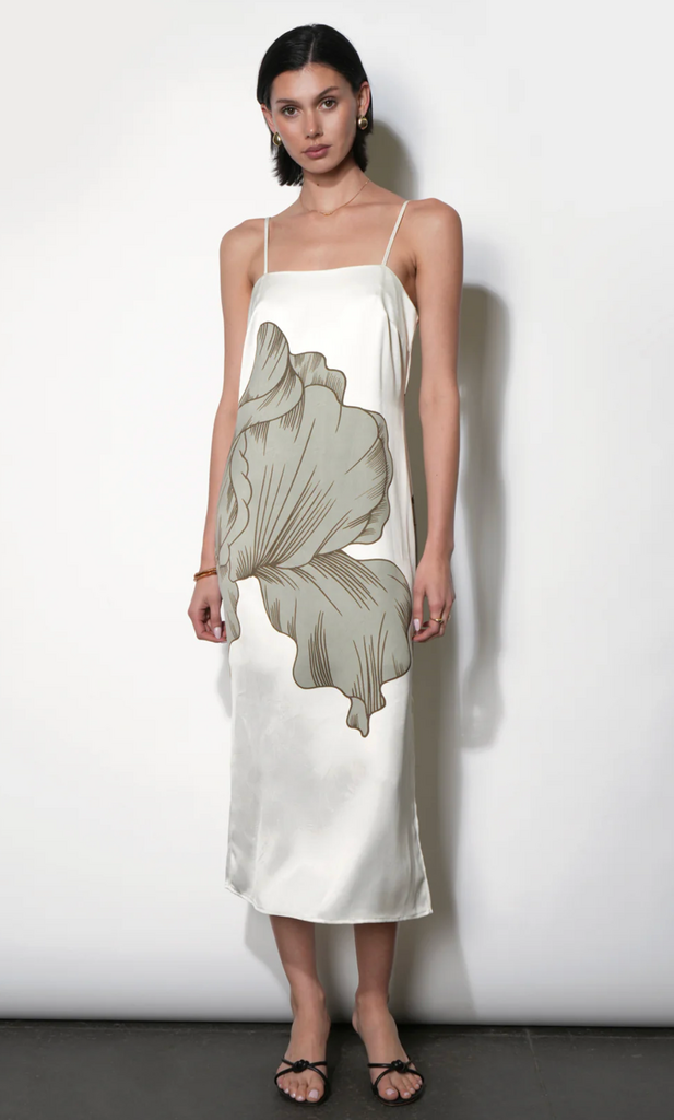 DAKOTA MIDI SLIP DRESS W/ LEAF MOTIF