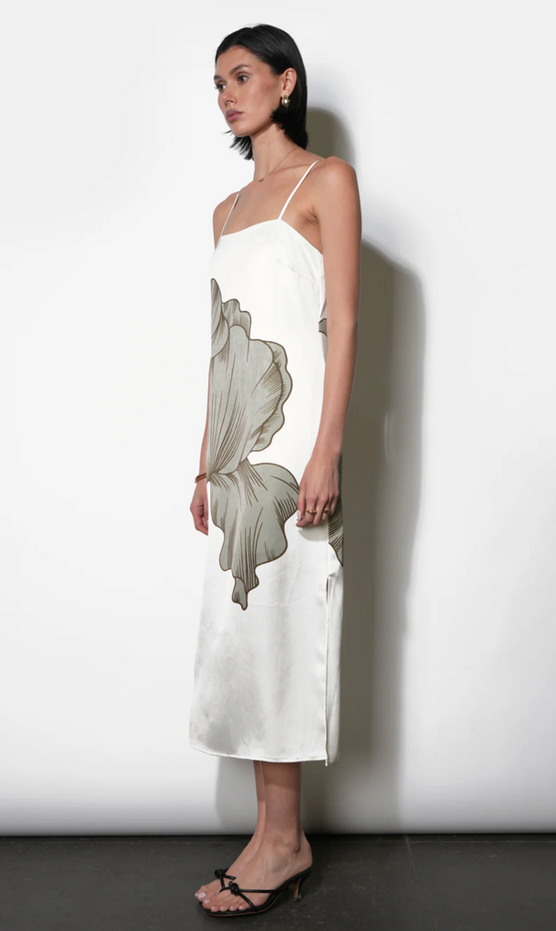 DAKOTA MIDI SLIP DRESS W/ LEAF MOTIF