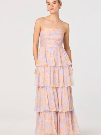 ASTR ANISHA STRAPLESS FLORAL RUFFLE MAXI DRESS