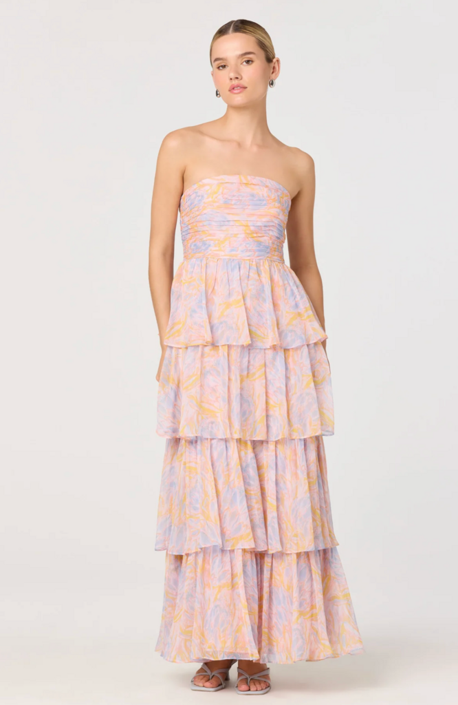 ASTR ANISHA STRAPLESS FLORAL RUFFLE MAXI DRESS