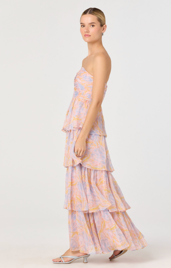 ASTR ANISHA STRAPLESS FLORAL RUFFLE MAXI DRESS