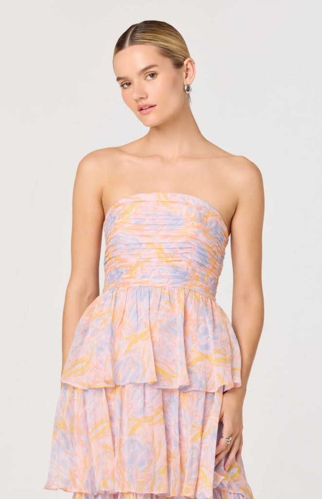 ASTR ANISHA STRAPLESS FLORAL RUFFLE MAXI DRESS