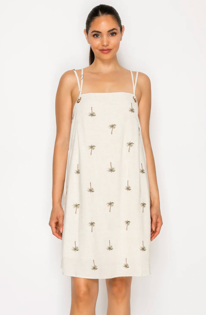 MEET ME IN SANTORINI DRIFTING PALMS MINI DRESS
