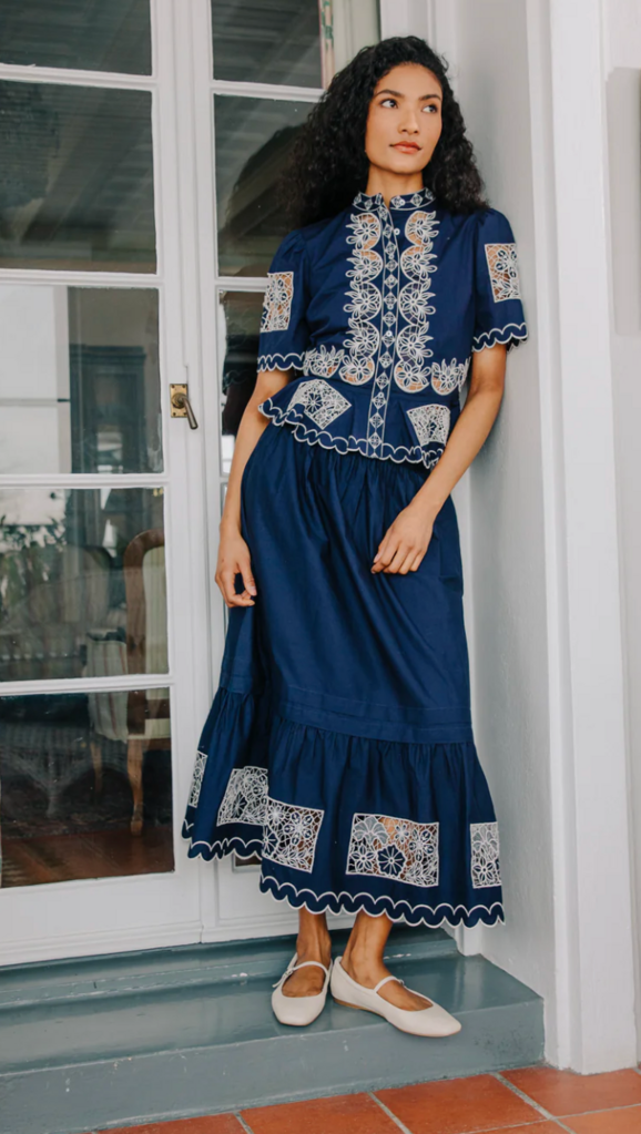 LOVE THE LABEL NOLAN SKIRT NAVY/IVORY EMBROIDERY