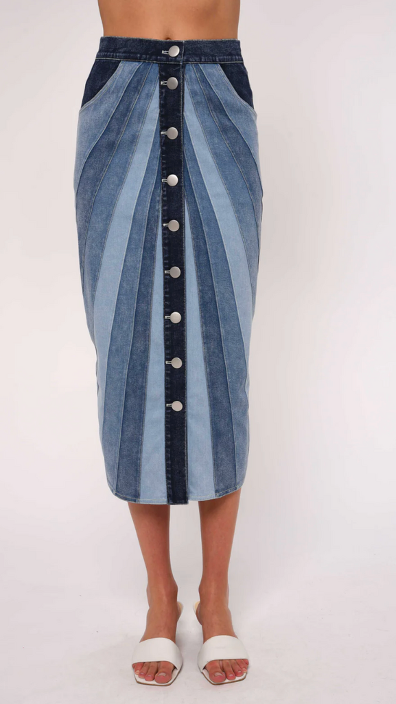 LOVE THE LABEL APOLLINE MIDI SKIRT PANELED DENIM