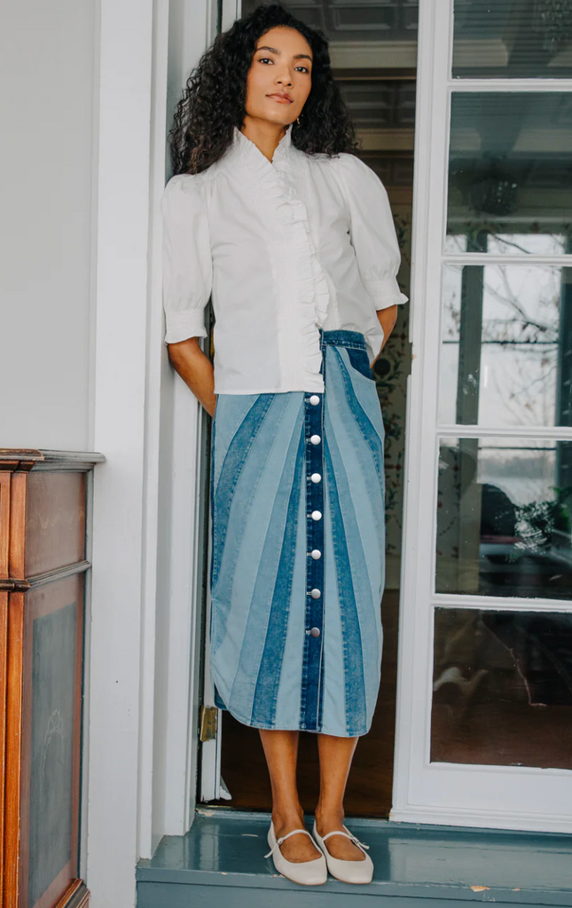 LOVE THE LABEL APOLLINE MIDI SKIRT PANELED DENIM