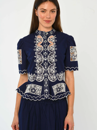 LOVE THE LABEL ELIZABETH TOP NAVY/ IVORY EMBROIDERY