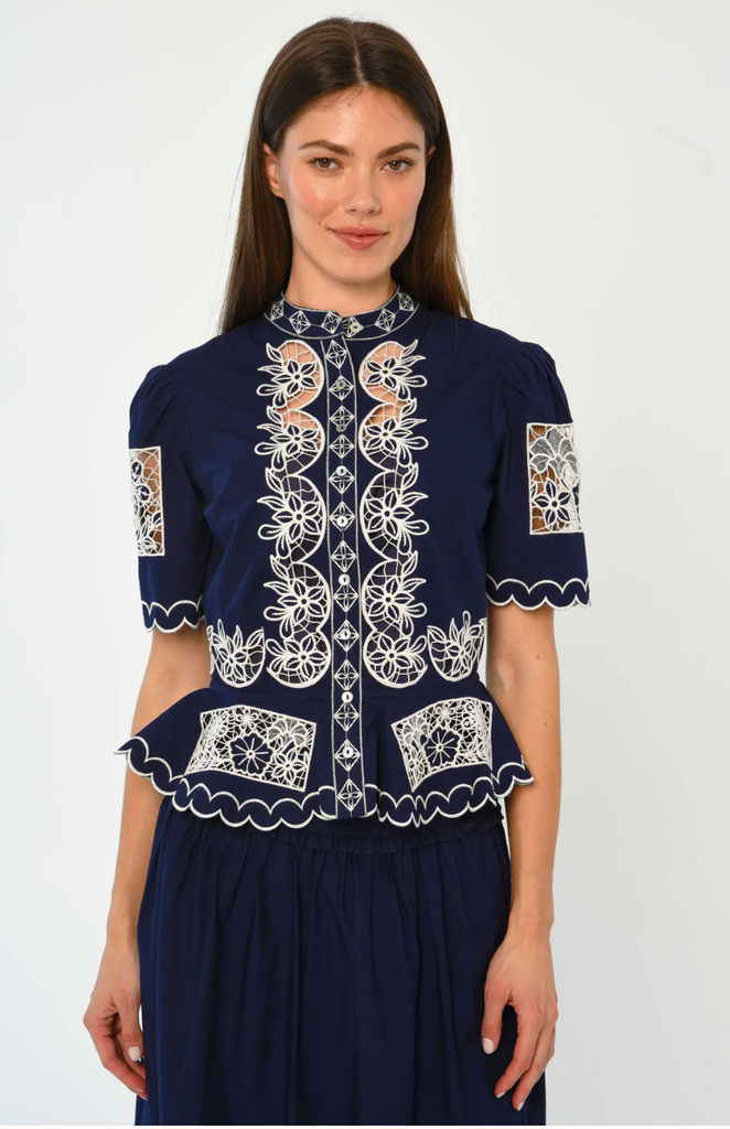 LOVE THE LABEL ELIZABETH TOP NAVY/ IVORY EMBROIDERY