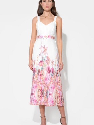 REMI V-NECK FLORAL PLACEMENT MIDI DRESS
