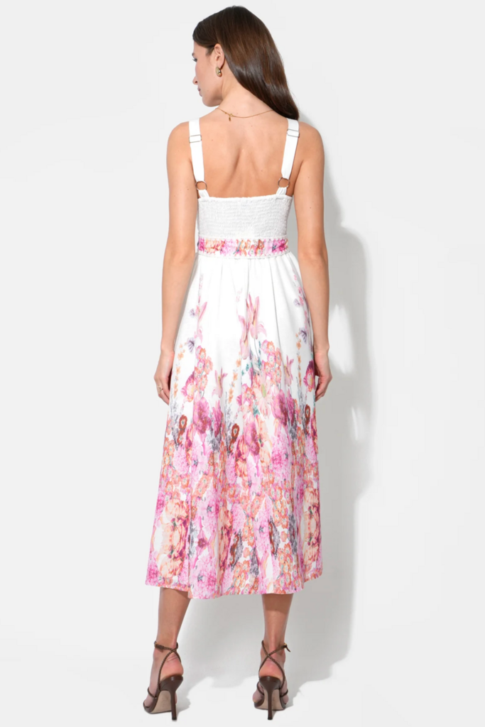 REMI V-NECK FLORAL PLACEMENT MIDI DRESS