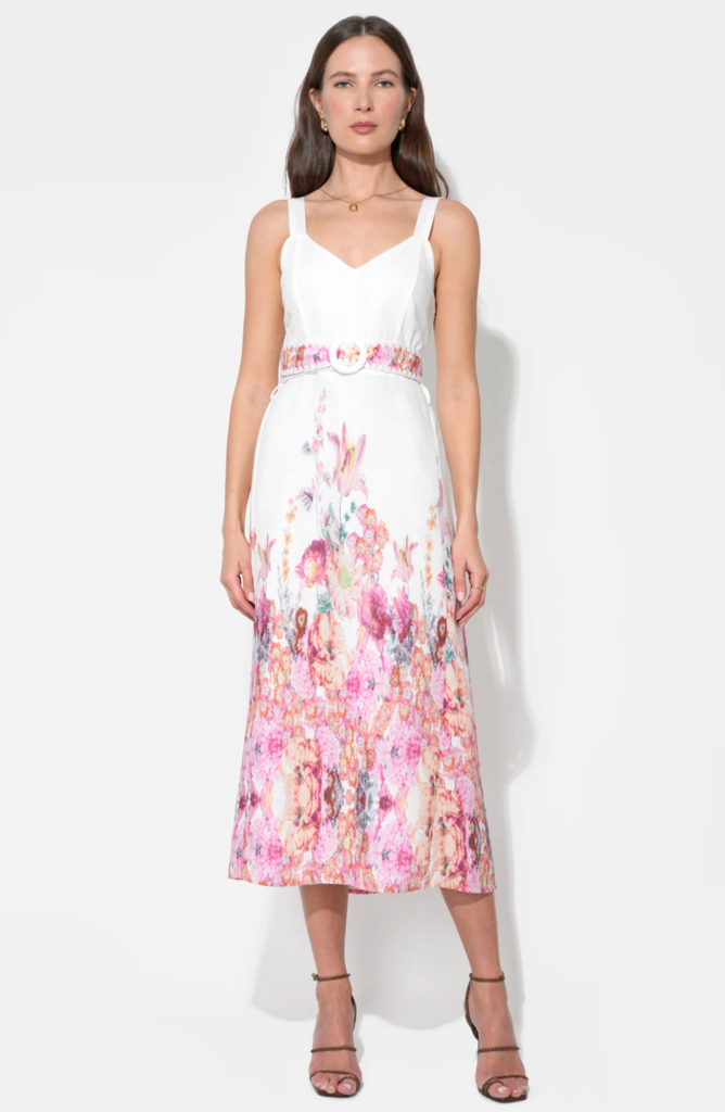 REMI V-NECK FLORAL PLACEMENT MIDI DRESS