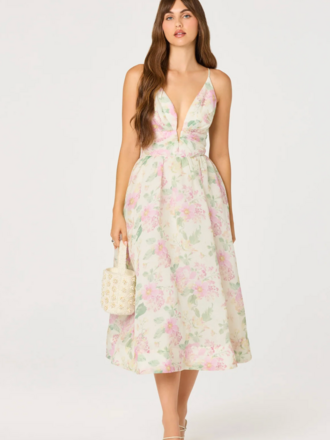 ASTR JANNA FLORAL PLUNGE MIDI DRESS