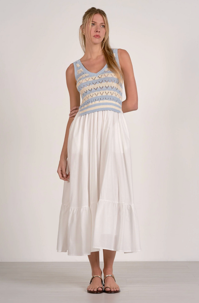 KNIT TANK WOVEN SKIRT MIDI DRESS