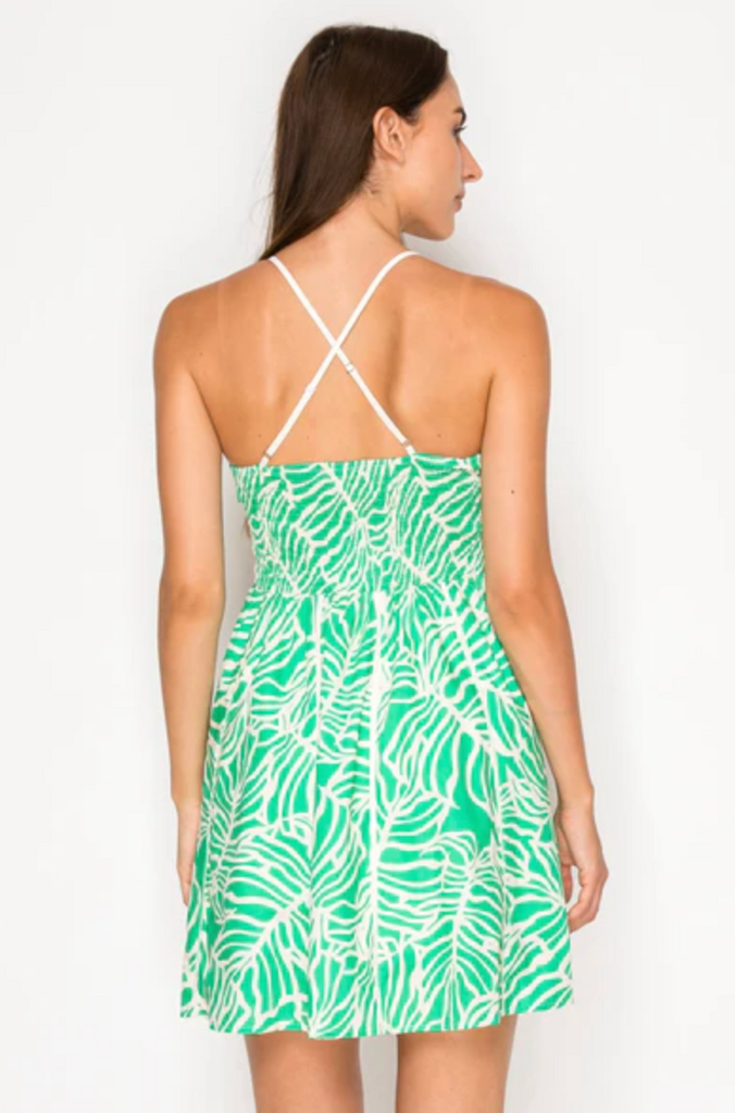 MEET ME IN SANTORINI VERDE PALMS MINI DRESS