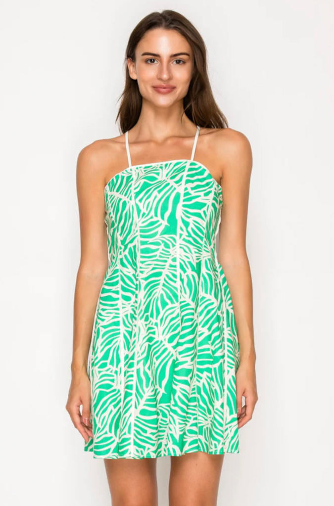 MEET ME IN SANTORINI VERDE PALMS MINI DRESS