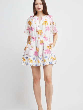 ABBY CINCH SMOCKED MINI DRESS PALM PRINT