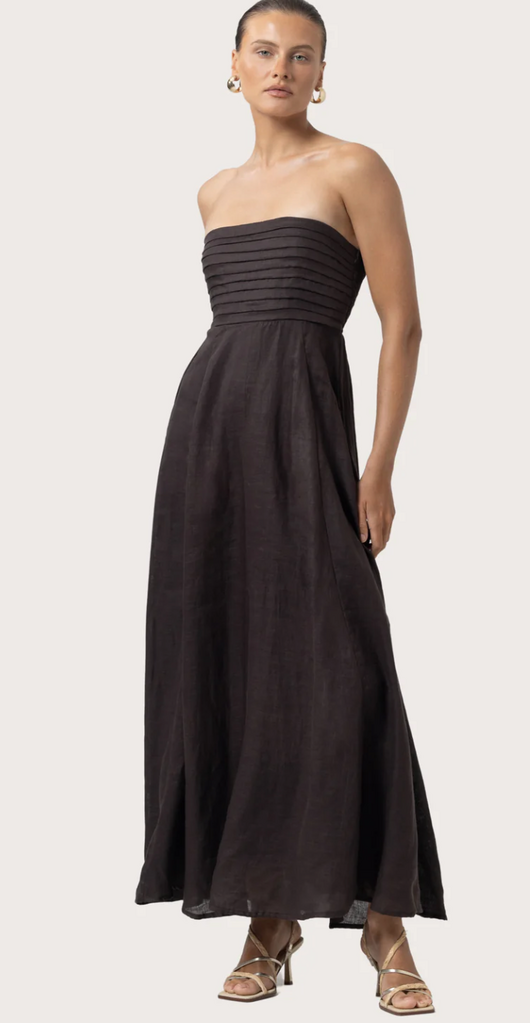 LUSANA TALIA LINEN PINTUCK MAXI DRESS COFFEE
