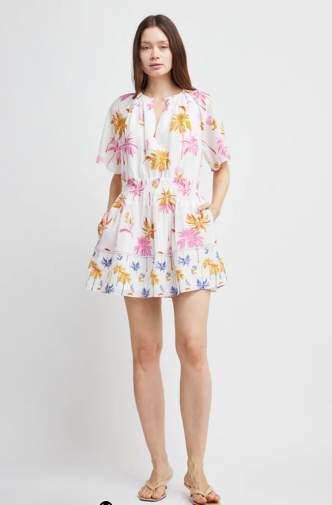 ABBY CINCH SMOCKED MINI DRESS PALM PRINT  XS