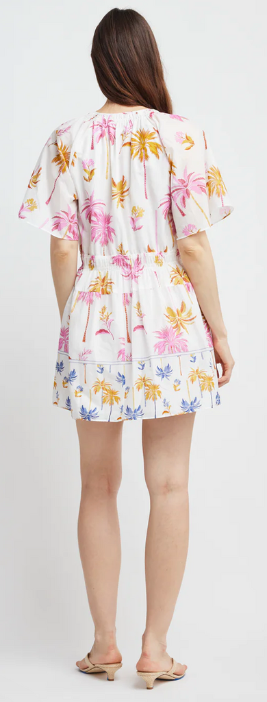 ABBY CINCH SMOCKED MINI DRESS PALM PRINT  XS