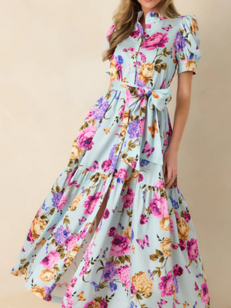 PROSPERINA PROSPERINA MARGUERITE BLUE MULTI FLORAL COTTON MAXI DRESS