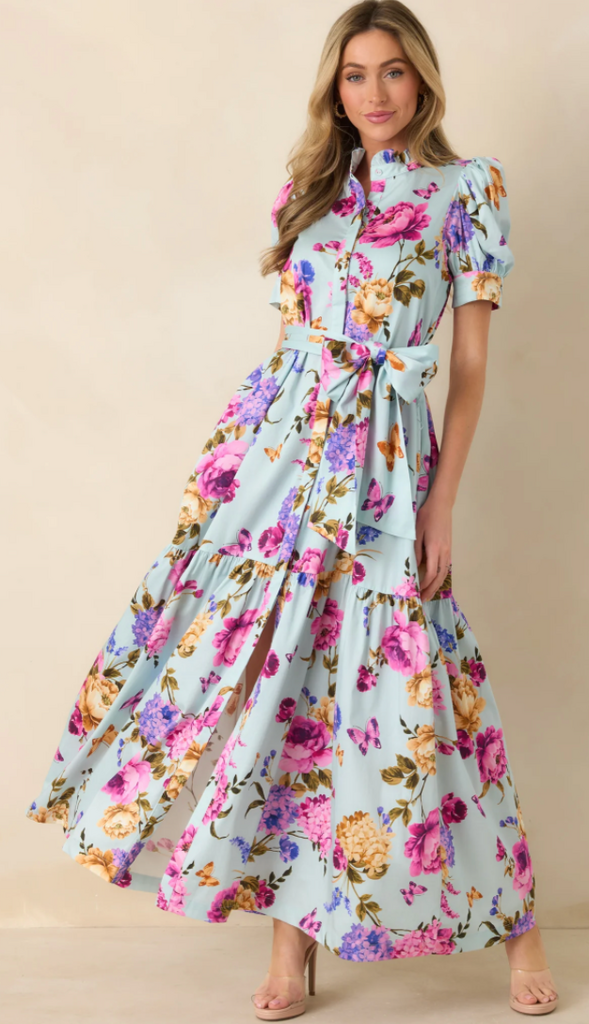 PROSPERINA PROSPERINA MARGUERITE BLUE MULTI FLORAL COTTON MAXI DRESS