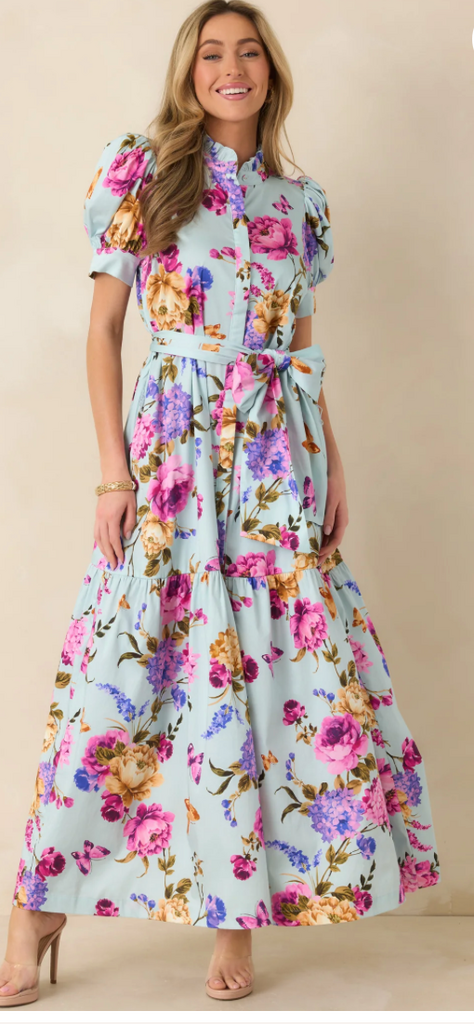 PROSPERINA PROSPERINA MARGUERITE BLUE MULTI FLORAL COTTON MAXI DRESS