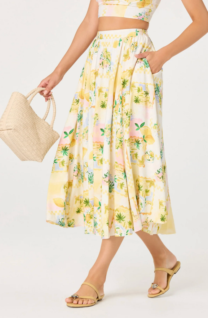 ASTR KALEIGH PARADISE PRINT GATHERED MIDI SKIRT