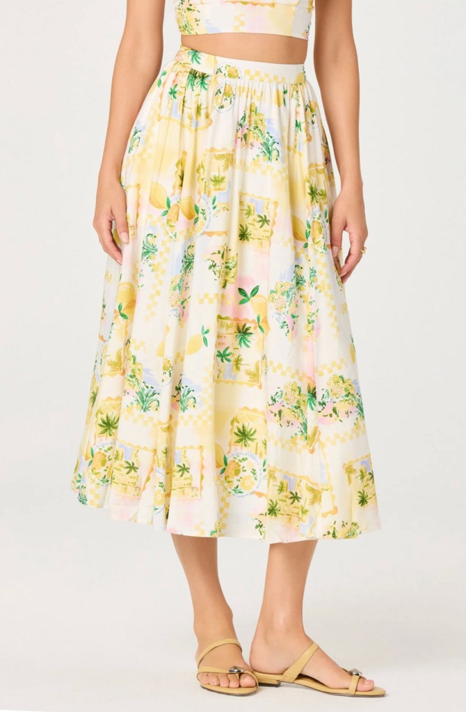 ASTR KALEIGH PARADISE PRINT GATHERED MIDI SKIRT