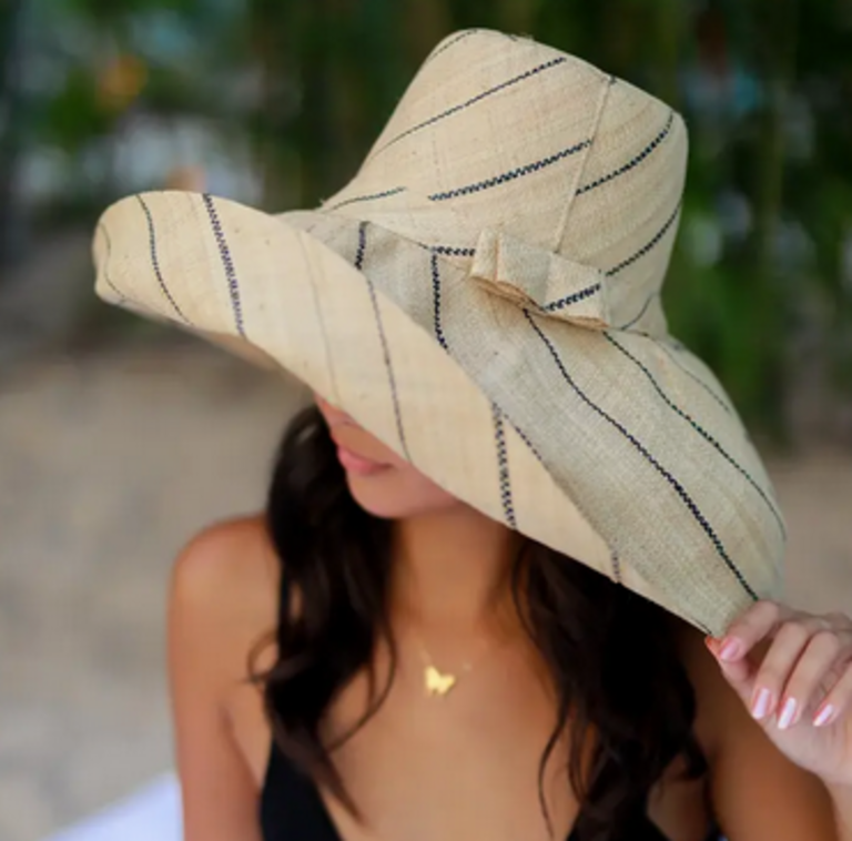 SHEBOBO Monica Wide Brim Pinstripe Packable Straw Sun Hat