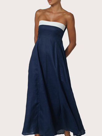 LUSANA ALORA LINEN MAXI DRESS NAVY