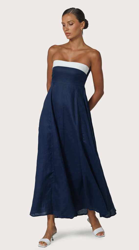 LUSANA ALORA LINEN MAXI DRESS NAVY
