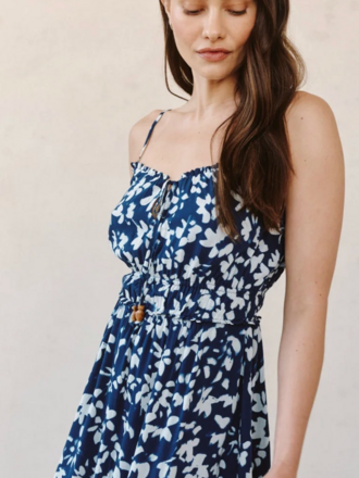 BELLA DAHL ELASTIC WAIST MIDI DRESS INDIGO BLOOM PRINT