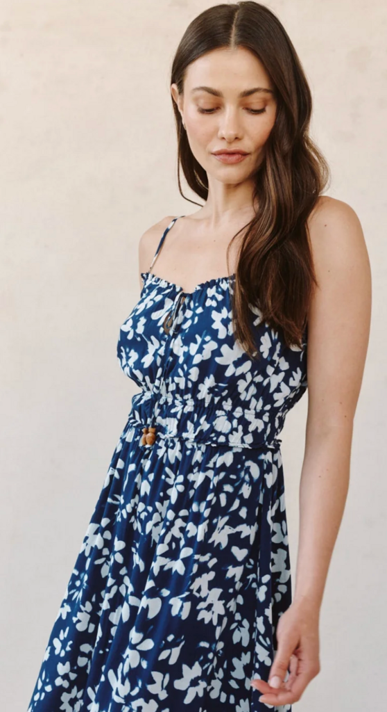 BELLA DAHL ELASTIC WAIST MIDI DRESS INDIGO BLOOM PRINT