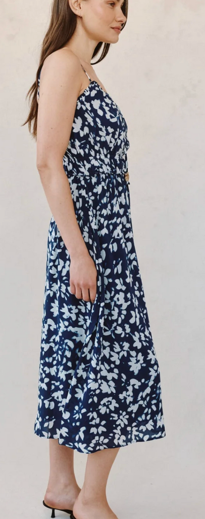 BELLA DAHL ELASTIC WAIST MIDI DRESS INDIGO BLOOM PRINT