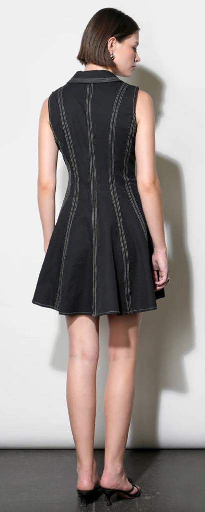 SYDNEY TOPSTITCH FLARE MINI DRESS BLACK