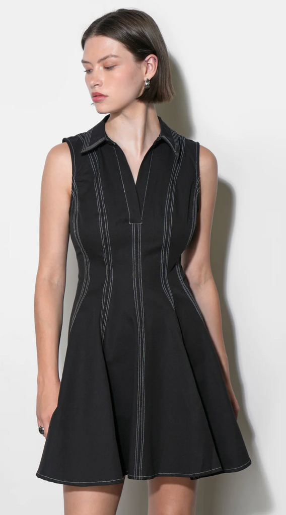 SYDNEY TOPSTITCH FLARE MINI DRESS BLACK