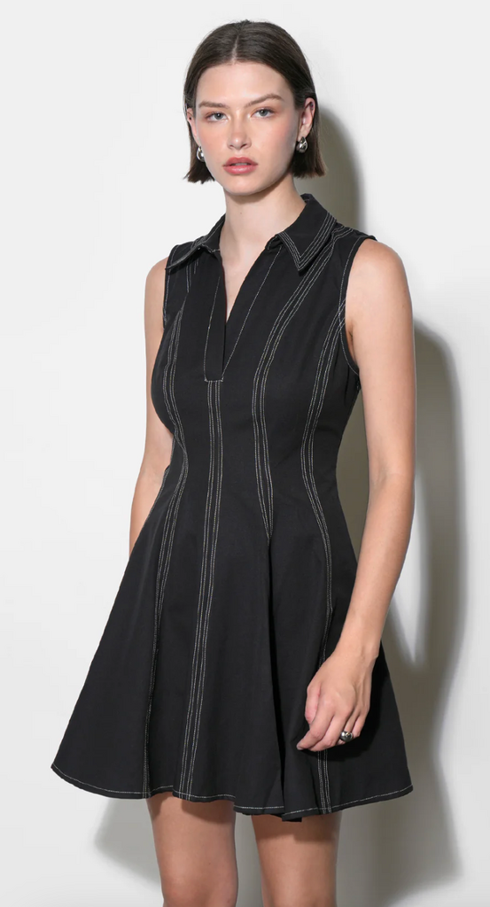 SYDNEY TOPSTITCH FLARE MINI DRESS BLACK
