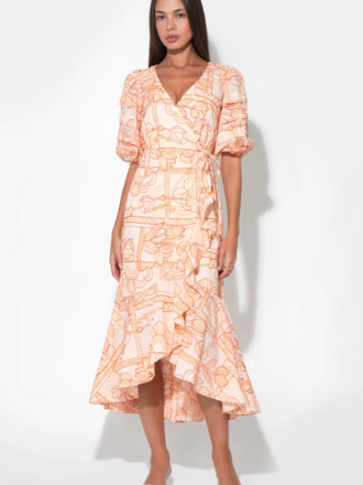 HAVEN RUFFLE EMBROIDERY WRAP MIDI DRESS